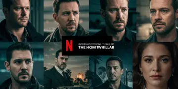 Dynamic collage of international thriller scenes hinting at suspense and global intrigue