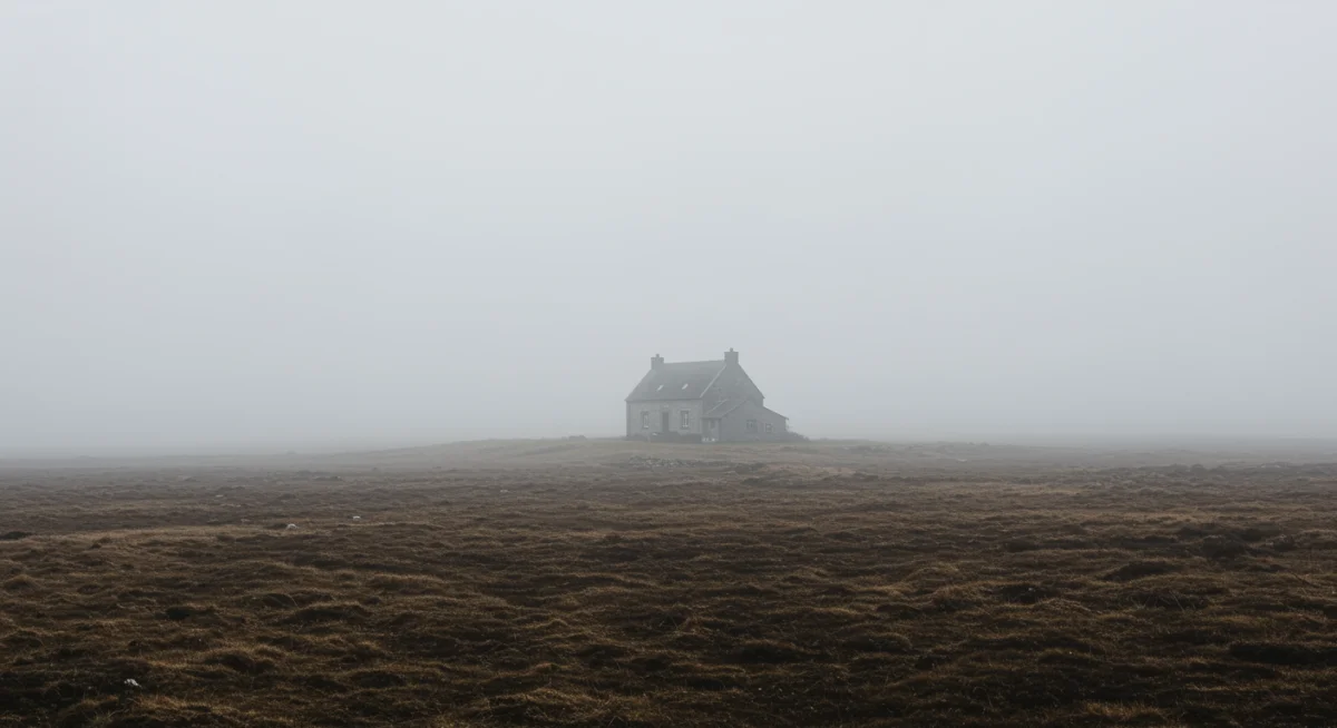 Desolate, fog-covered European landscape with an isolated house, symbolizing dread and isolation.