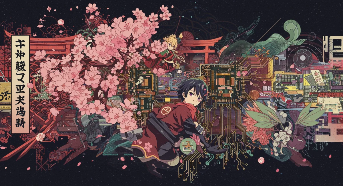 Fusion of traditional Japanese art and modern digital anime aesthetics