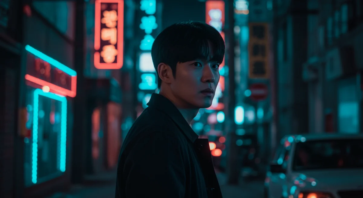Still from suspenseful Korean drama, neon city street