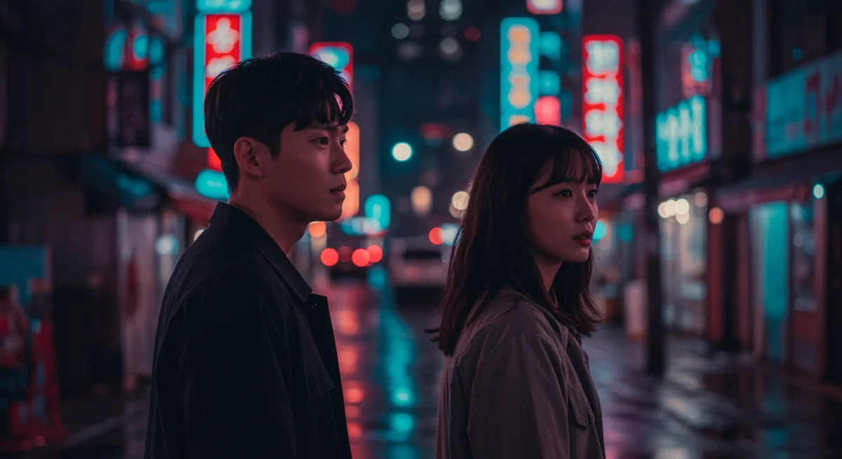 Still from a dramatic South Korean short-form series in a neon-lit city