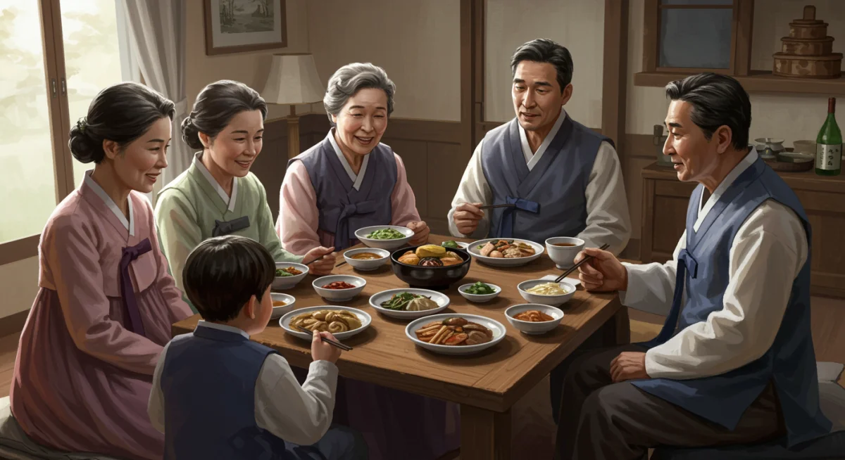 Korean family enjoying a meal, illustrating familial hierarchy and collectivism