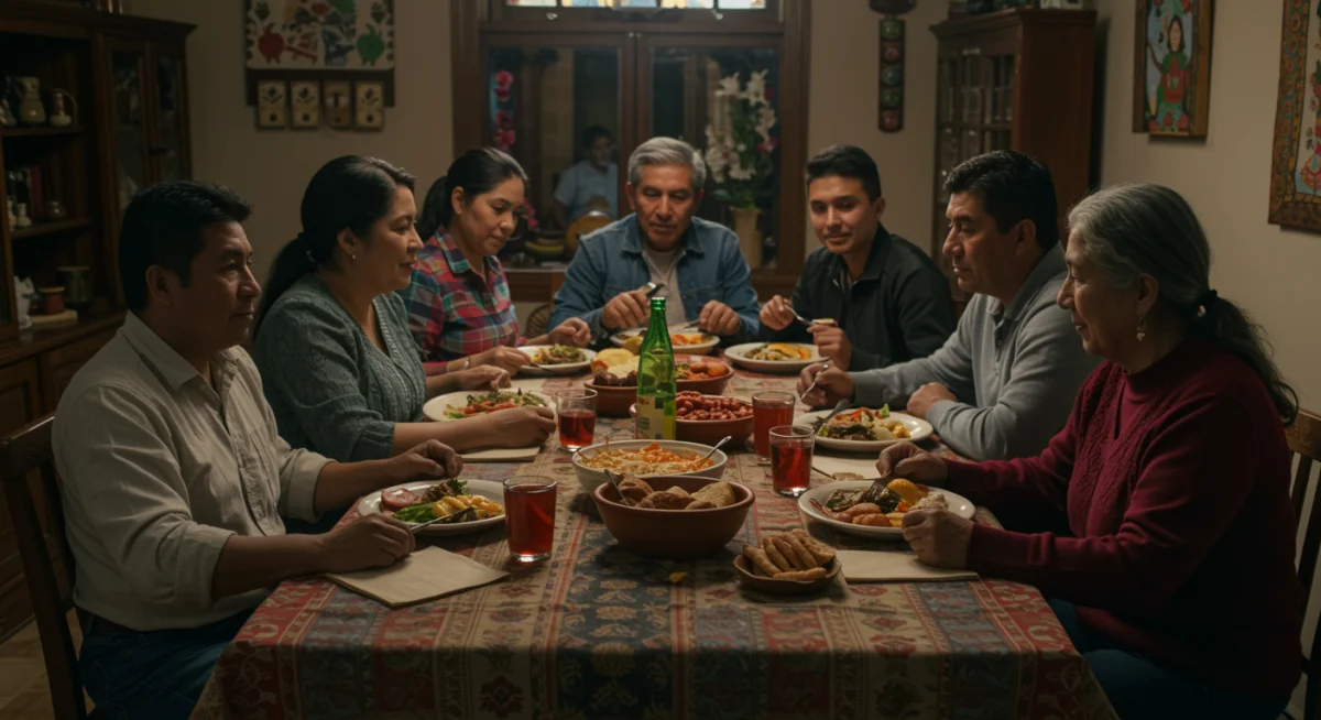 Multi-generational Latin American family sharing stories and a meal.