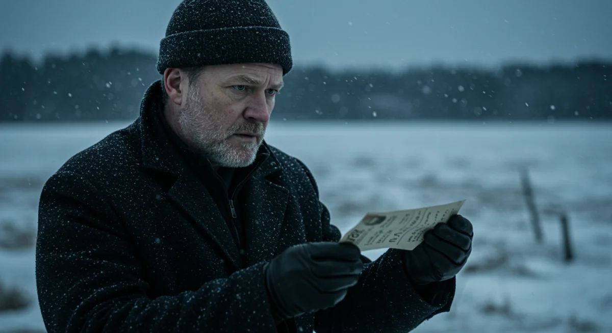Detective investigating a crime in a snowy Nordic noir landscape