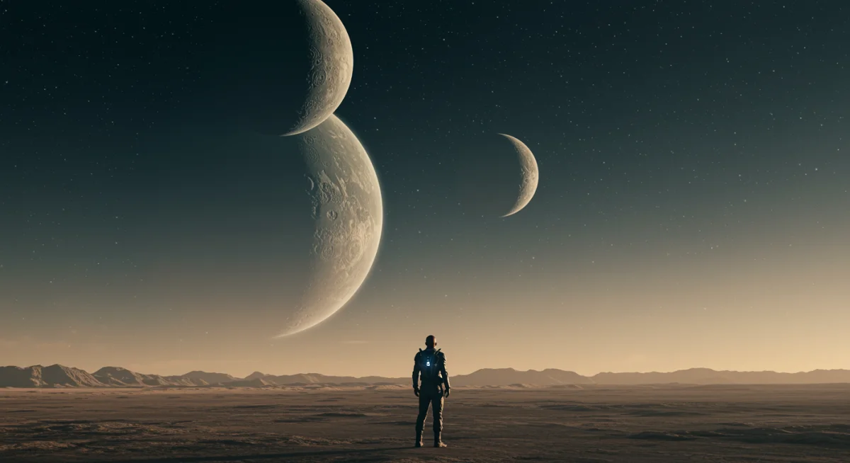 Protagonist on alien planet, two moons in sky, symbolizing exploration