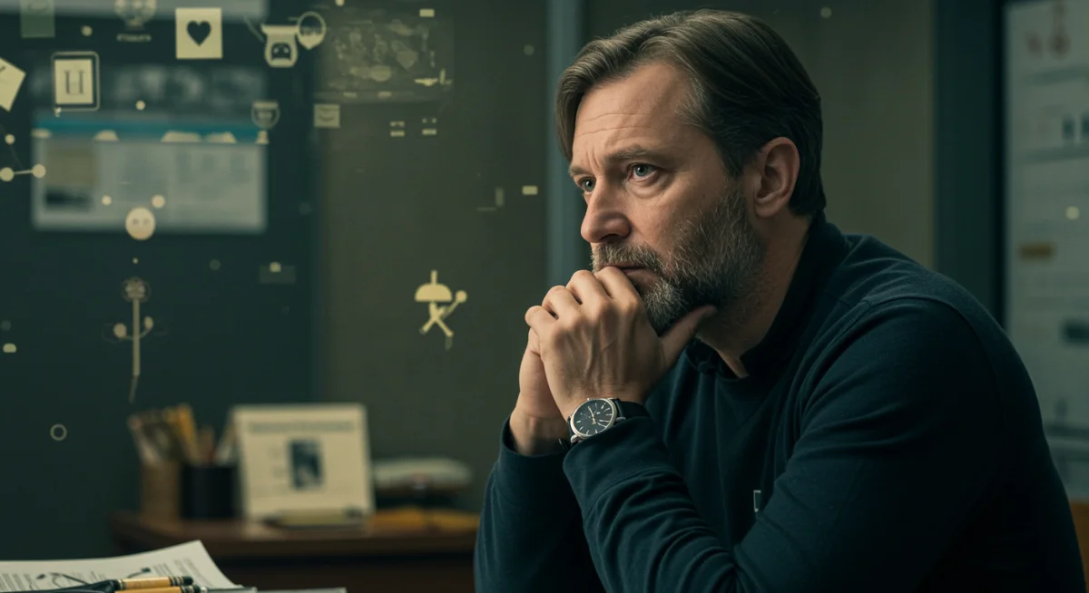 Pensive character from a foreign thriller, surrounded by subtle clues, suggesting psychological depth.