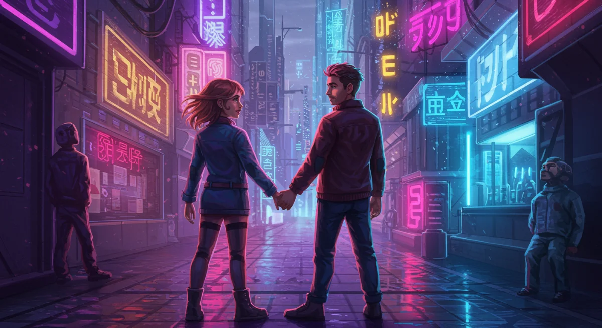 Couple in futuristic city, symbolizing sci-fi romance and advanced technology love stories