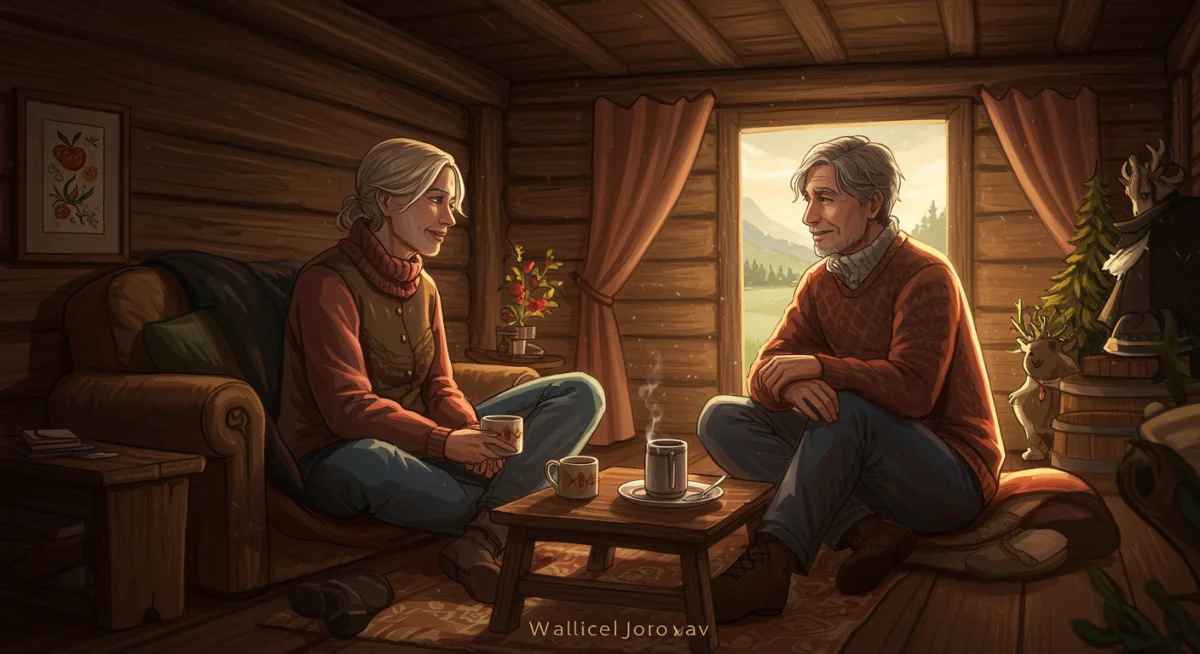 Mature couple embracing in rustic setting, representing second chances and seasoned romance