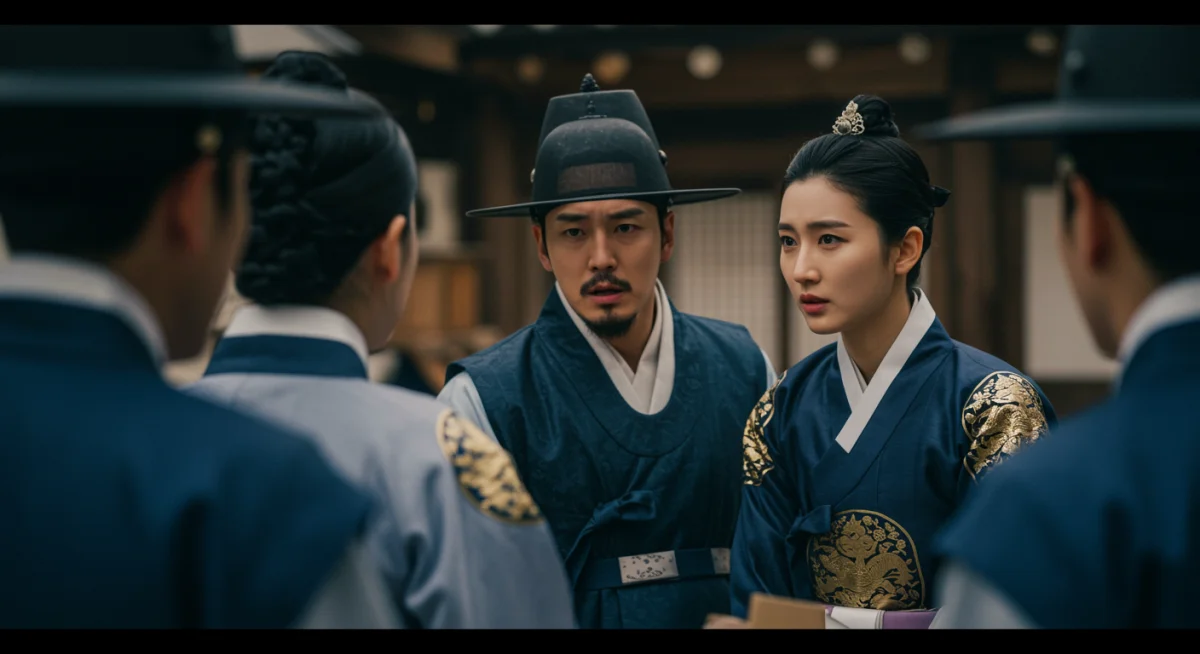 Still from a historical South Korean drama, depicting traditional attire and emotional intensity in a royal court setting.
