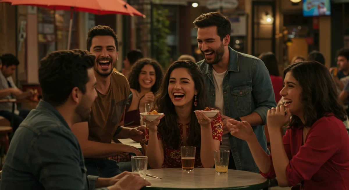 Vibrant Spanish dramedy scene, friends in outdoor cafe