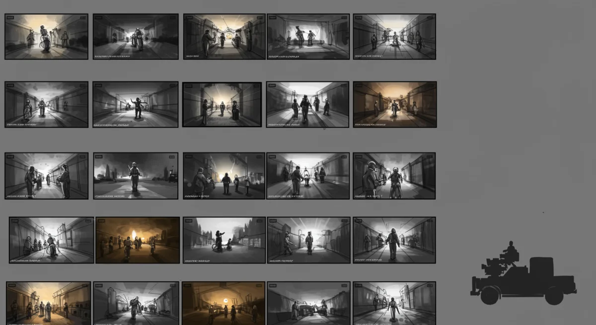 Detailed storyboard sequence showing film's narrative progression.