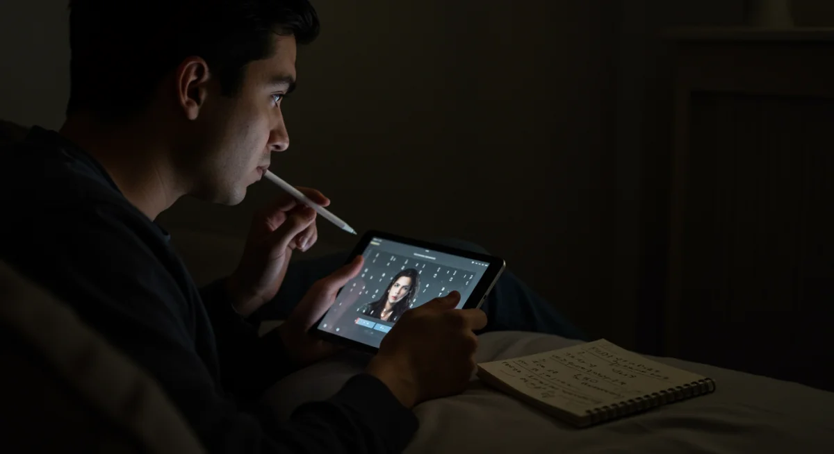 Person watching subtitled foreign series, taking notes on cultural observations