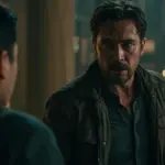 Intense action scene from a foreign thriller, a protagonist navigating a dangerous urban environment.