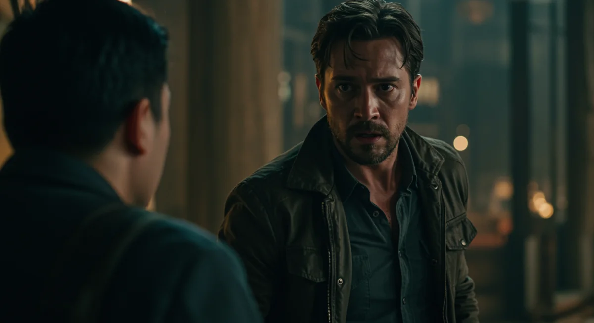 Intense action scene from a foreign thriller, a protagonist navigating a dangerous urban environment.