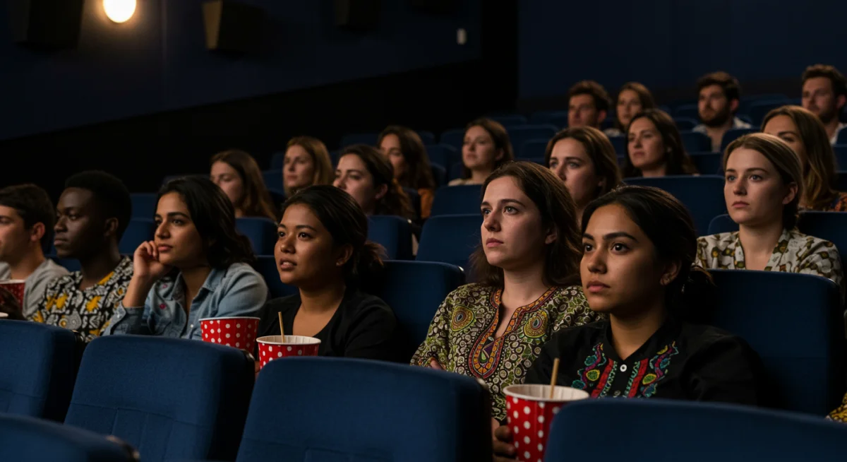 Diverse US audience captivated by an African film in a cinema.