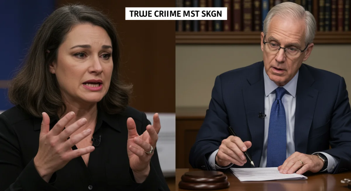 Split screen showing victim's family and legal expert in true crime