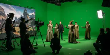 Film crew using virtual production for a fantasy epic