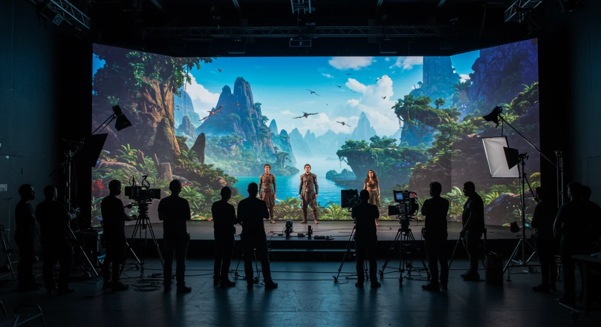 Actors on a virtual production set with LED screens, showcasing real-time rendering in action.