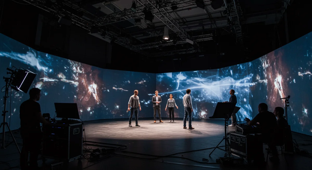 Actors performing in a virtual production volume with LED walls for immersive backgrounds.