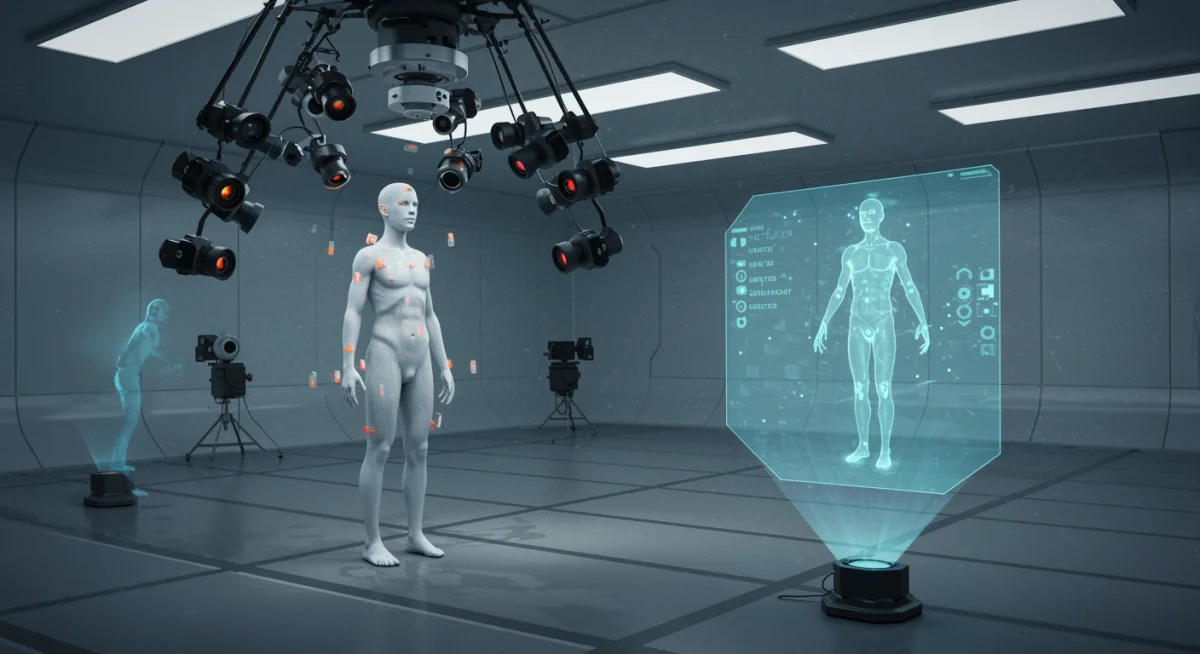 Volumetric capture studio with actor being scanned for 3D model creation.