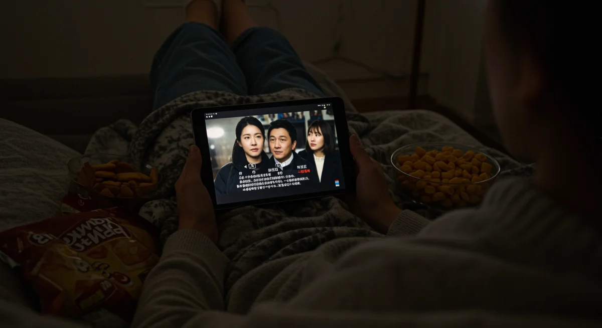 Person watching international drama with subtitles on a tablet